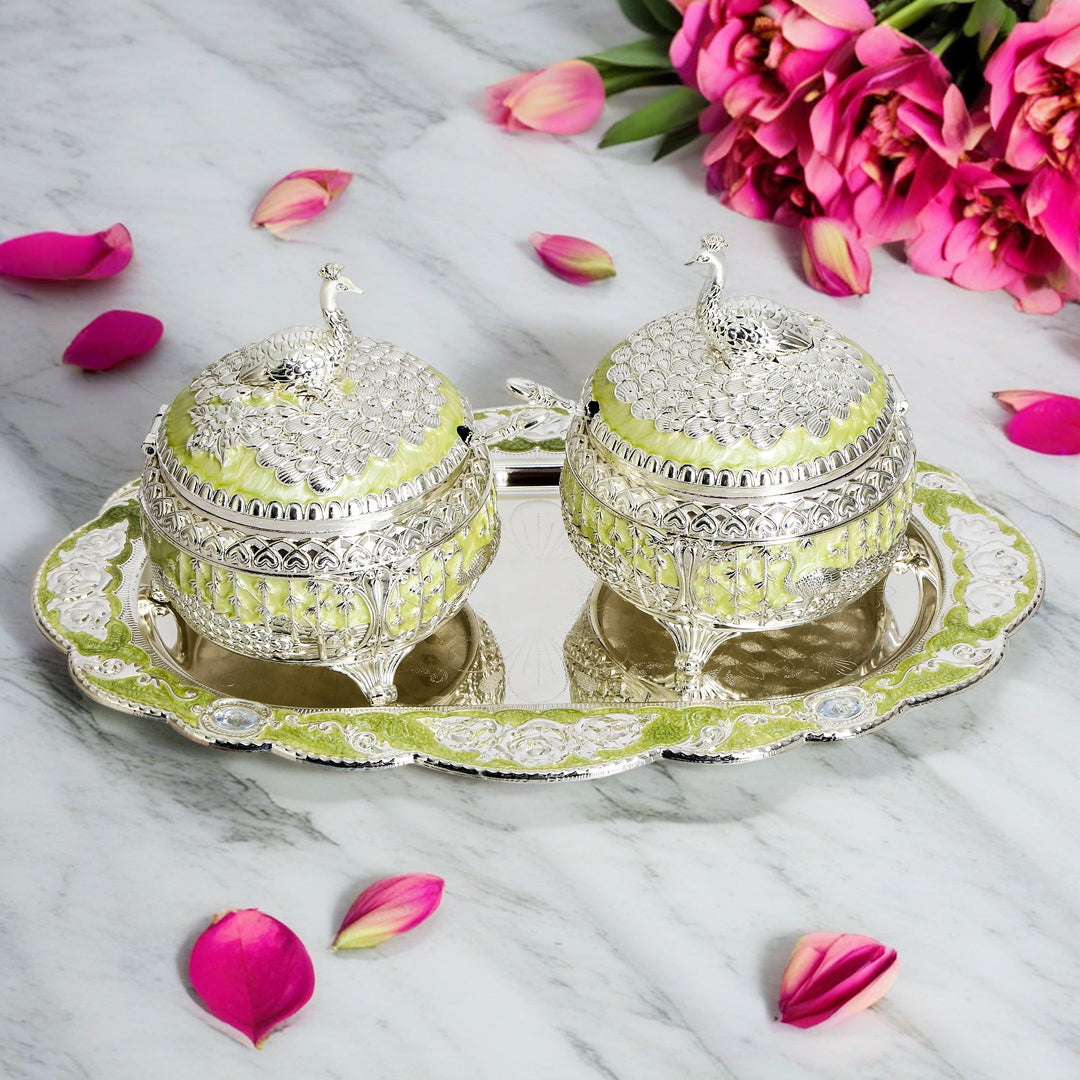 Enamel Peacock Container Jar Set With Serving Tray