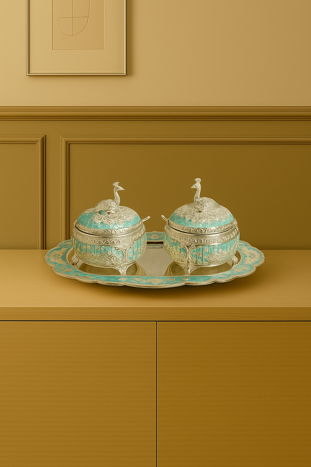 Enamel Peacock Container Jar Set With Serving Tray