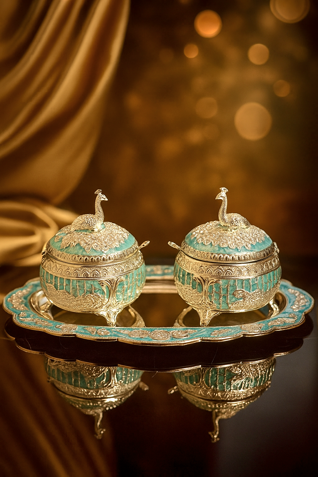 Enamel Peacock Container Jar Set With Serving Tray
